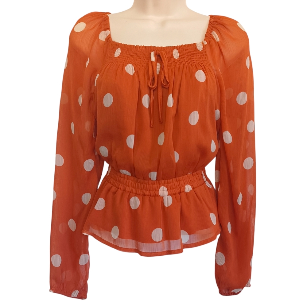 LC LAUREN CONRAD Top X-Small White Polka Dot Print Orange Long Sleeve